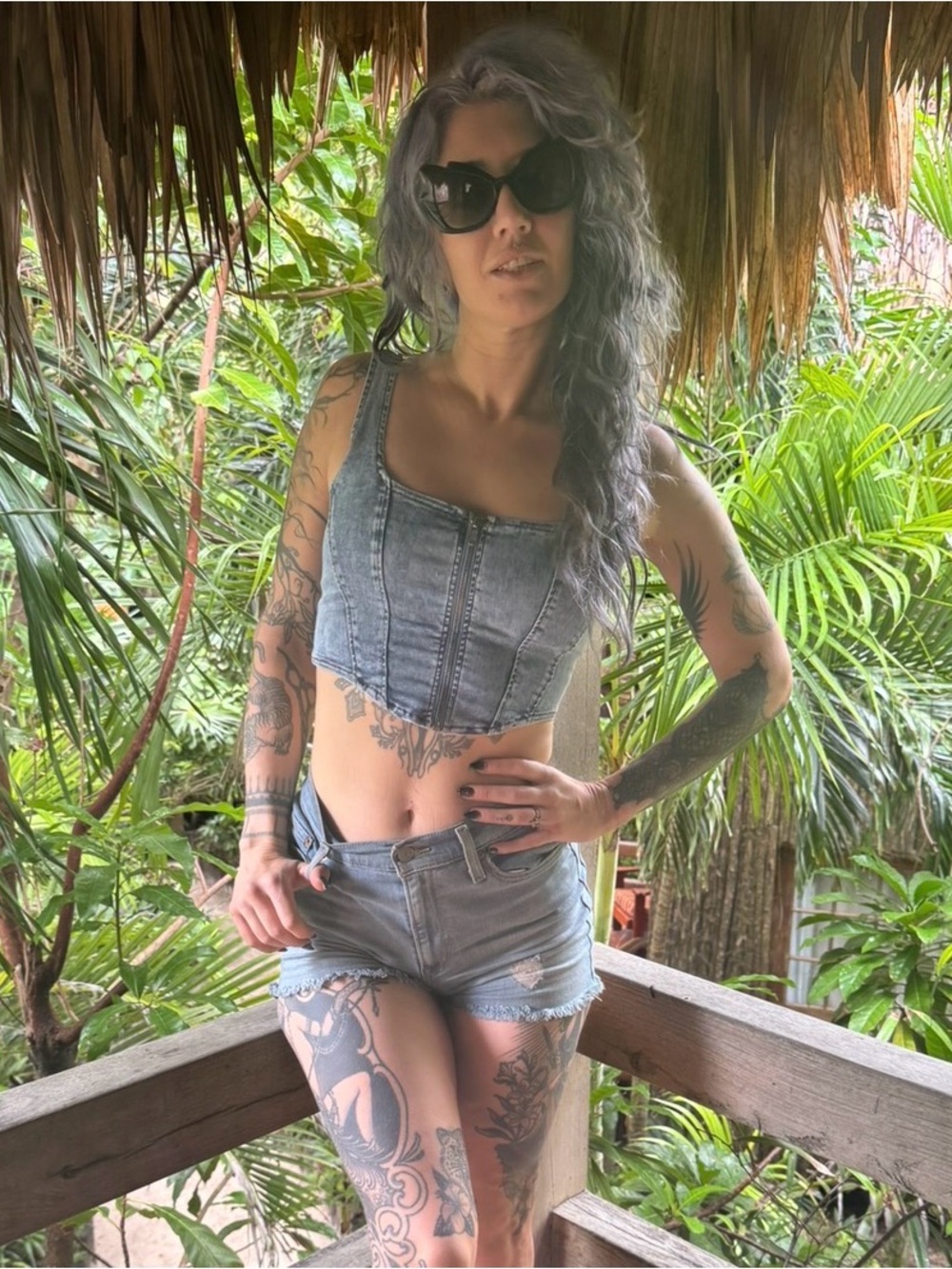 Women's stone washed light blue Denim Crop Tank Top size medium